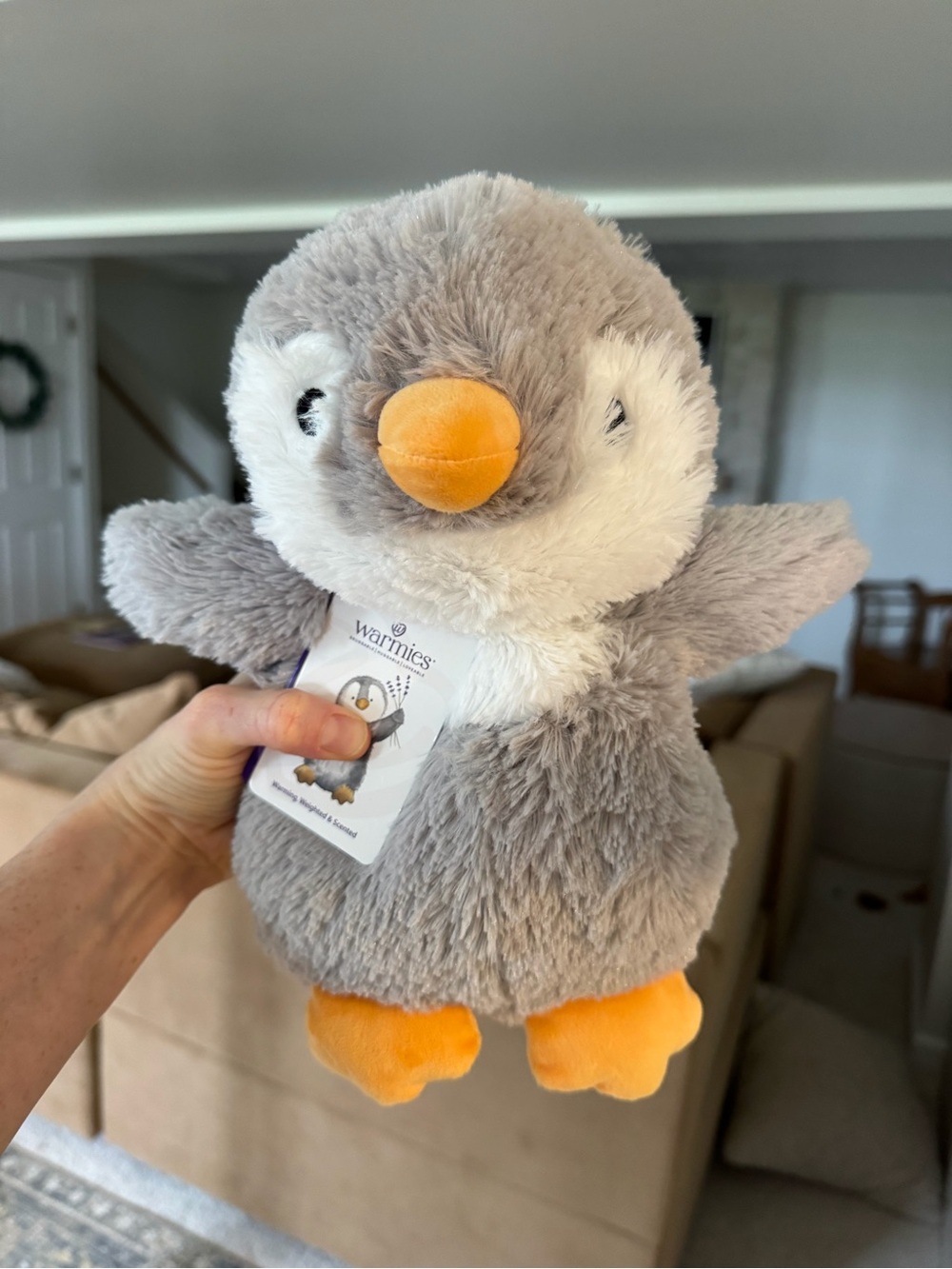 Warmies Grey & White Penguin Plush with Orange Beak and Feet